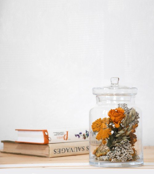 Bonbonnière décoration de fleurs séchées jaune