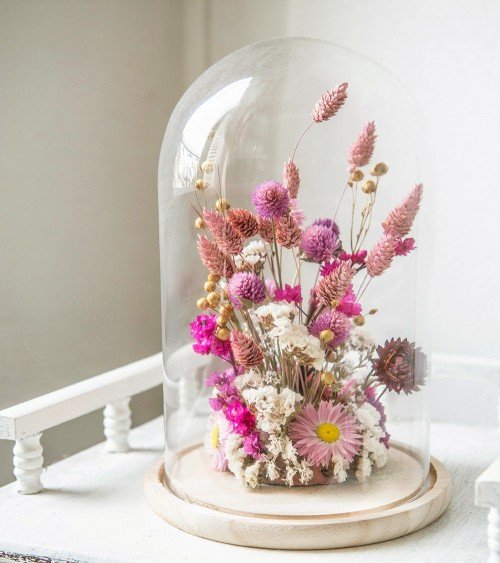 Cloche de fleurs séchées rose